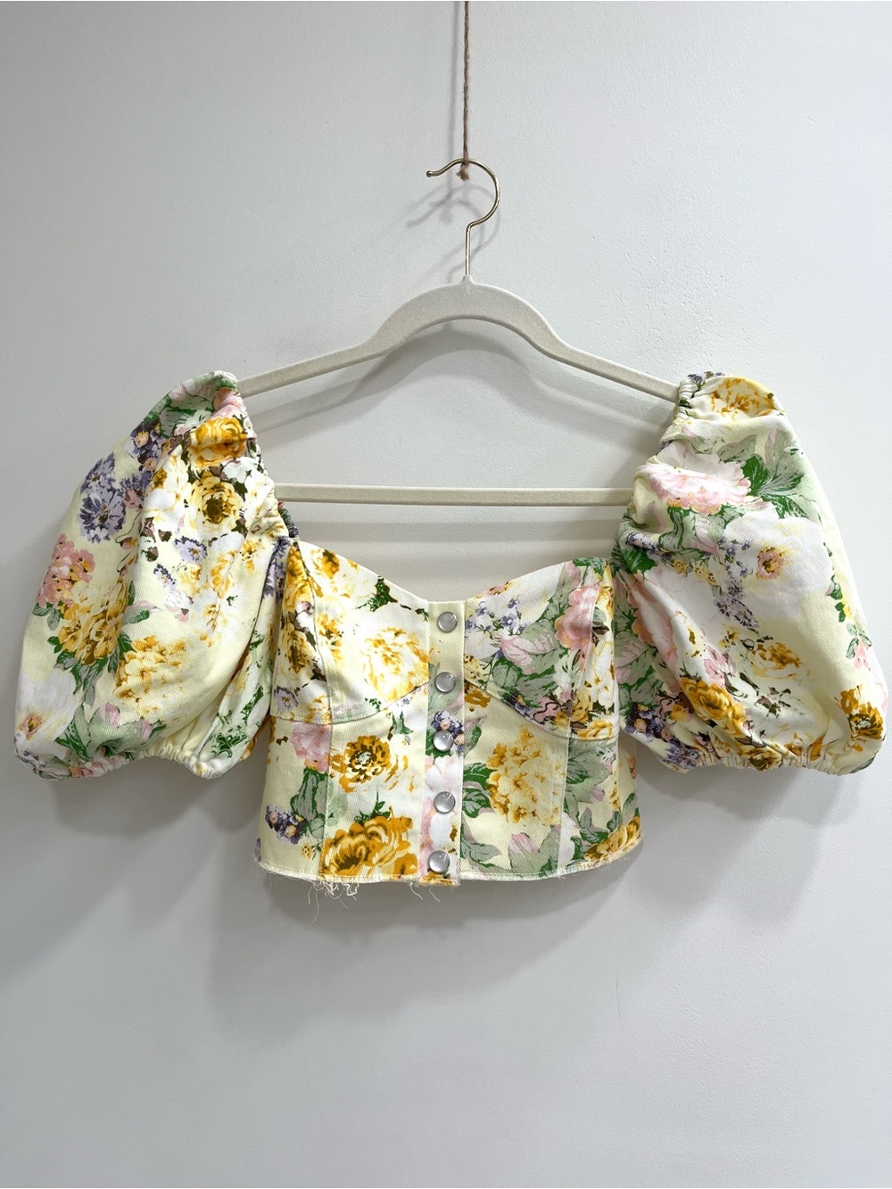 For Love And Lemons Chamomile Denim Crop Top In Buttercream Floral Puff Sleeves